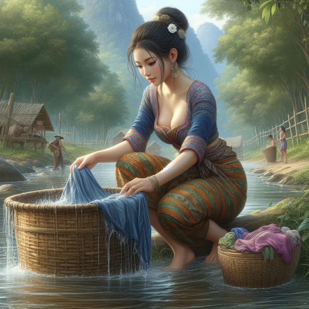 美しいアジアの女の子が川で服を洗っている