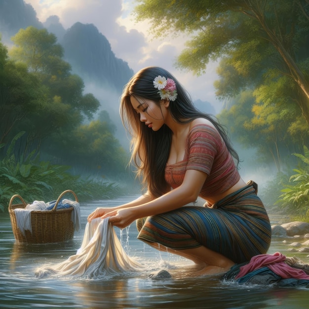 beautiful asian girl in the river washing clothes