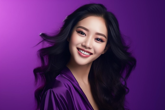 A beautiful asian girl smiles sweetly bright purple clothes on a monochrome purple bac