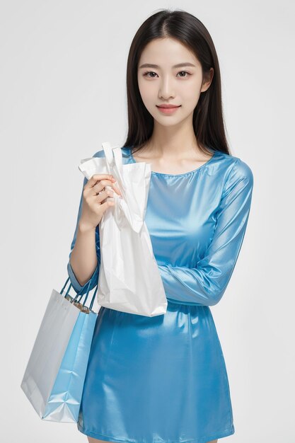 a beautiful Asian girl wearing a dress holding a shopping bag isolated on a white background