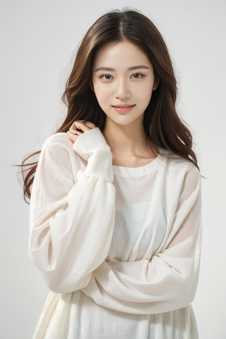 색 배경 에 고립 된 쇼핑 가방 을 들고 있는 드레스 를 입은 아름다운 아시아 소녀