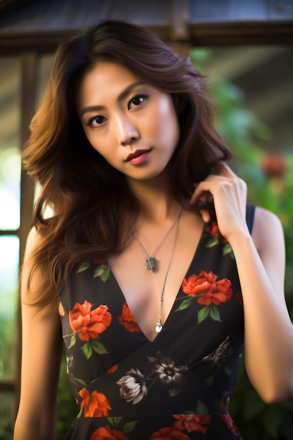 Beautiful asian girl wearing sensual dress in flower garden