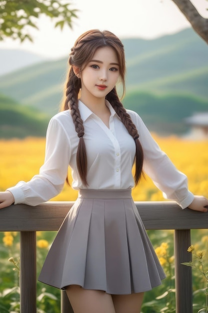 A beautiful Asian girl in white shirt and gray skirt is standing at countryside at sunrise