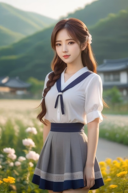 A beautiful Asian girl in white shirt and gray skirt is standing at countryside at sunrise