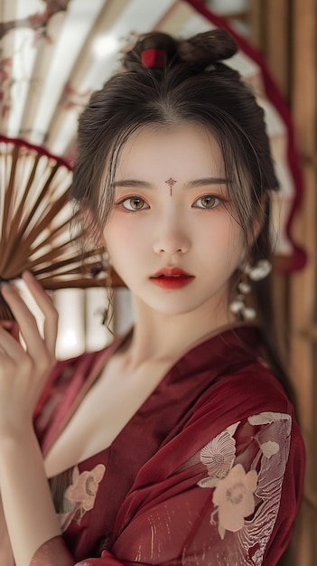 Beautiful Asian girl with Chinese traditional dress holding traditional Chinese fan in her hand