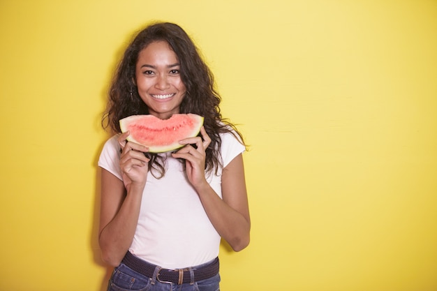 Beautiful asian girl with fresh watermelon