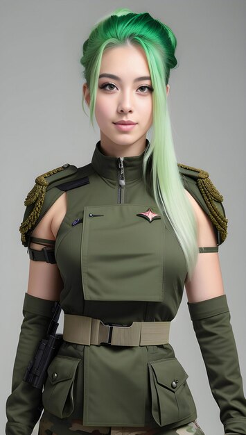 Beautiful asian girl with green hair in military uniform on gray background