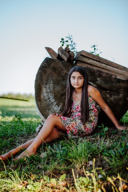 Beautiful Asian girl with long hair sits on the grass near a large log cabin stump