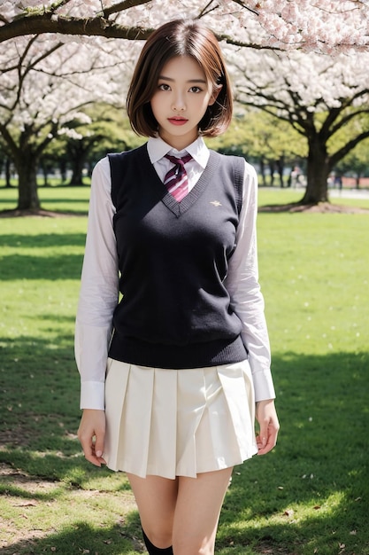 A beautiful Asian girl with long legs is wearing a school uniform pose looking at the camera