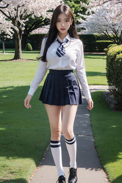 Photo a beautiful asian girl with long legs is wearing a school uniform pose looking at the camera