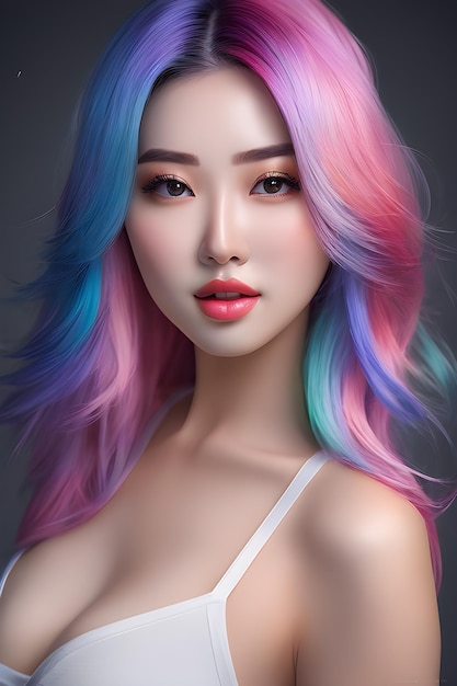 Красивая азиатская девушка с радужными волосами