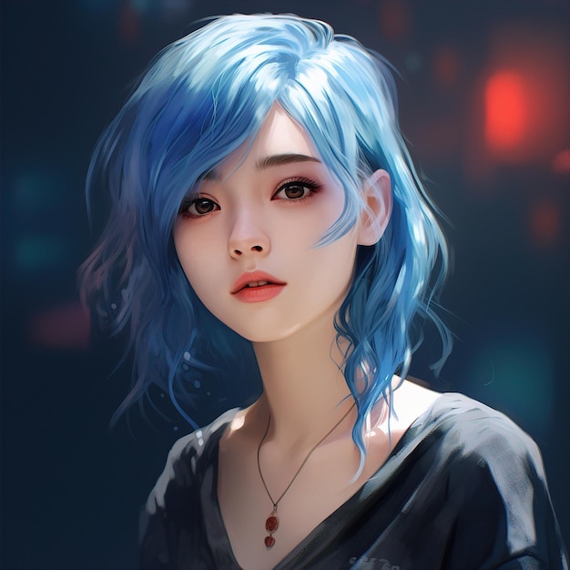 beautiful Asian girl with a slim face blue hair sparkling eyes her lips are gorgeous