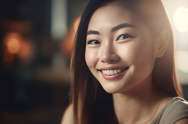 아름다운 아시아 여성 귀여운 미소 완벽한 반이는 얼굴 피부를 가진 한국 여성 초상화