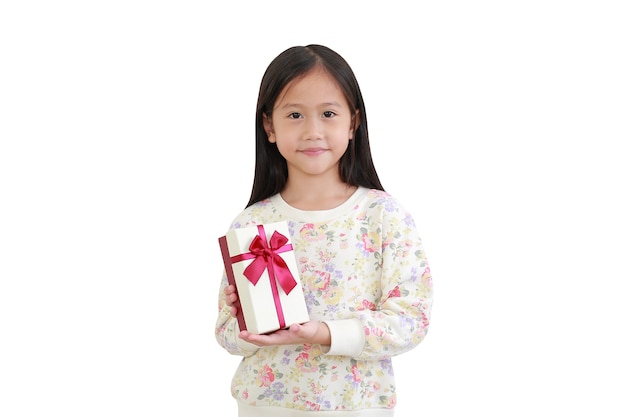 Beautiful asian little kid girl holding gift box