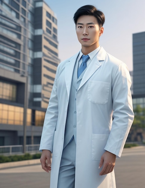 Красивый азиат в белом медицинском халате.