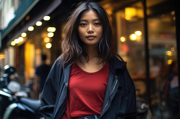 Beautiful Asian model in natural pose clothes and casual style