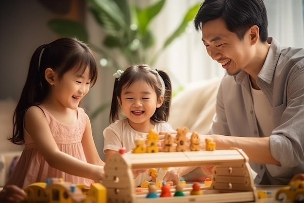 Photo beautiful asian mother and asian father and her daughter playing with wooden toys