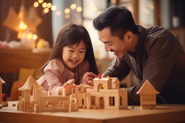 красивая азиатская мать и азиатский отец и ее дочь играют с деревянными игрушками