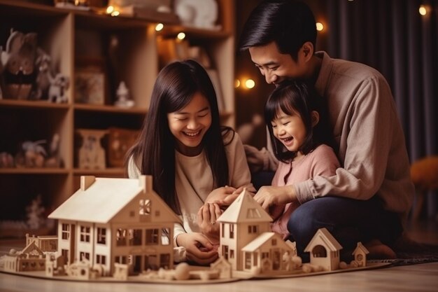 Photo beautiful asian mother and asian father and her daughter playing with wooden toys