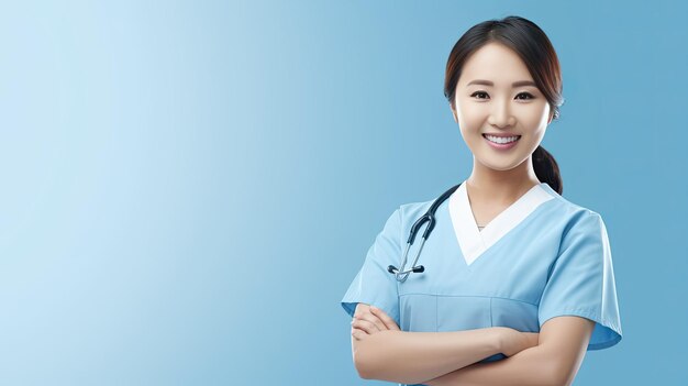 Beautiful Asian nurse in scrub with crossed arms blue background studio portrait Healthcare personnel physiotherapy banner