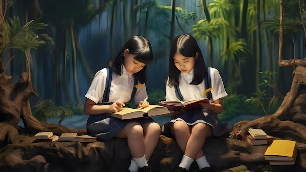 Beautiful asian primary school girls absorbed in learning amidst a stunning setting