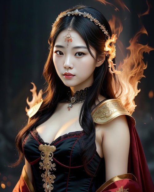 A beautiful asian princess with fire flame