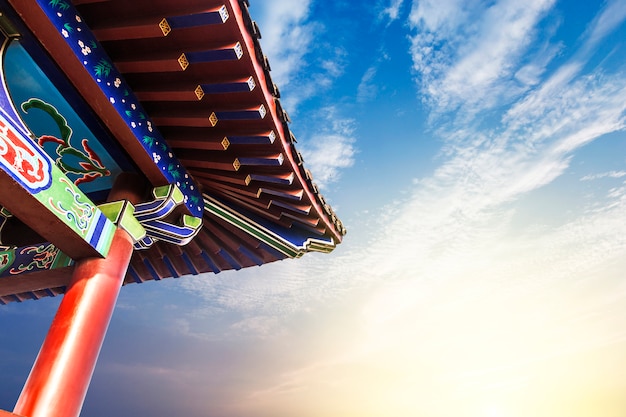 青い空の背景に美しいアジアの寺院