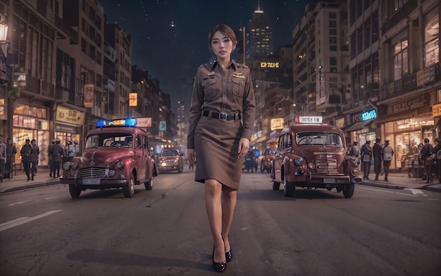 Beautiful asian thai police woman at street night generative AI