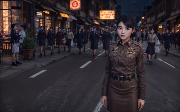 Beautiful asian thai police woman at street night generative AI