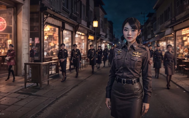 Beautiful asian thai police woman at street night generative AI