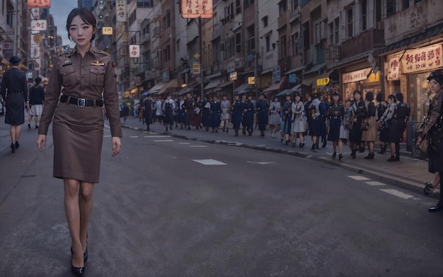 Beautiful asian thai police woman at street night generative AI