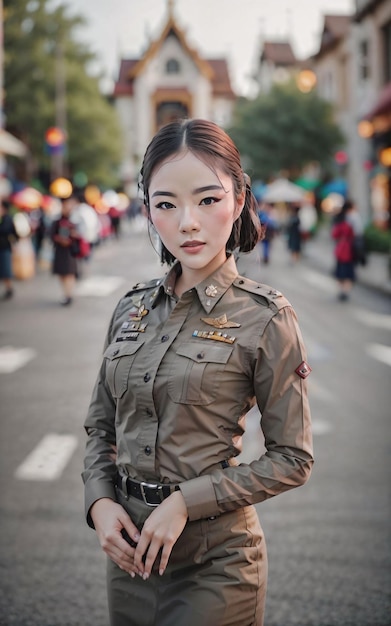 Beautiful asian Thailand police woman at street generative ai