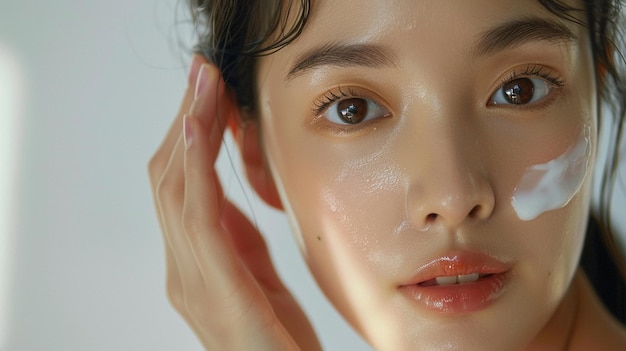 美しいアジア人女性が顔に保湿クリームを塗っているスキンケアコンセプト