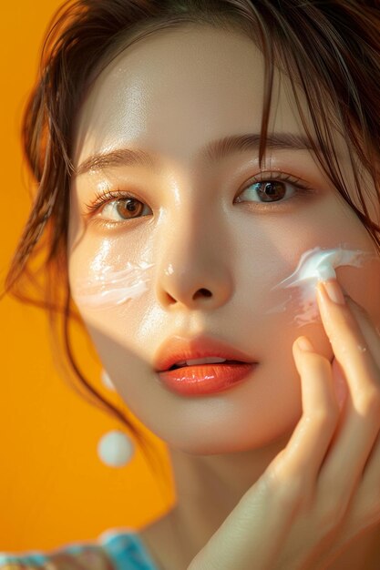 Photo beautiful asian woman applying moisturizing cream on face skin care concept