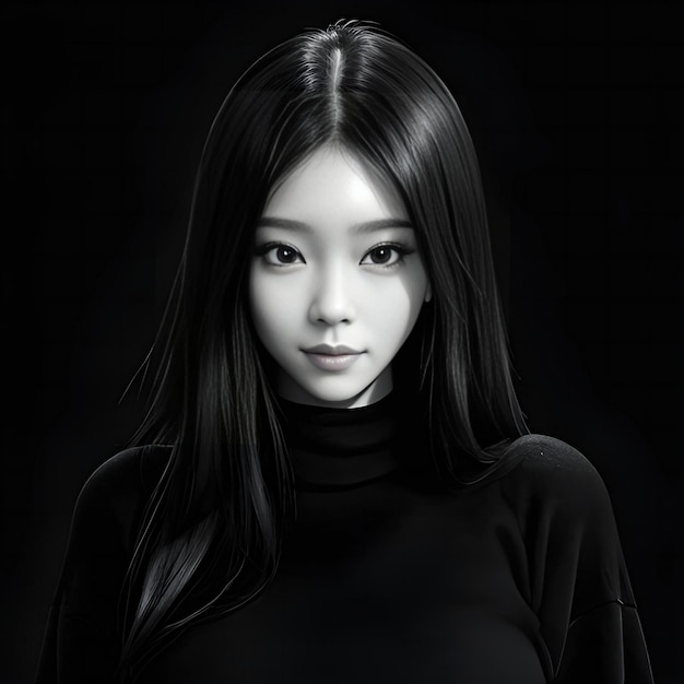 Beautiful asian woman in black dress on black background