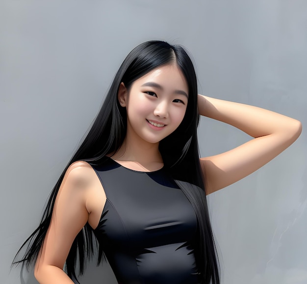 Beautiful asian woman in a black dress on a grey background