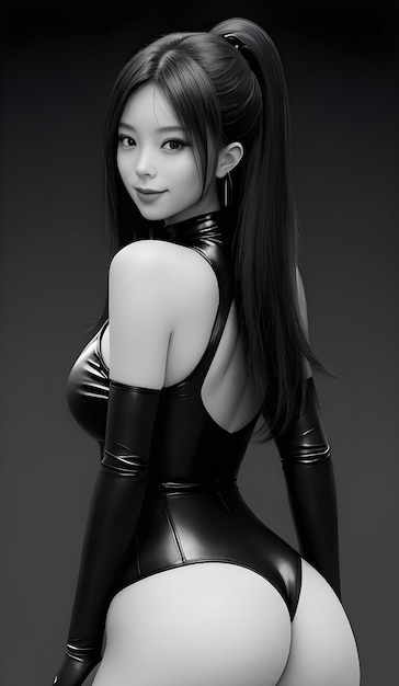 Beautiful asian woman in black latex costume Studio shot