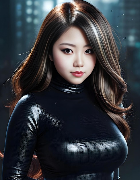 Красивая азиатка в черном латексном костюме. Портрет крупного плана.