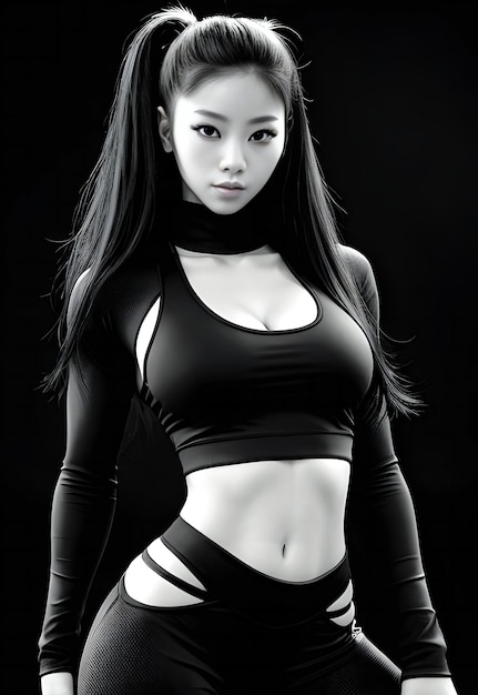 Beautiful asian woman in black sportswear on black background
