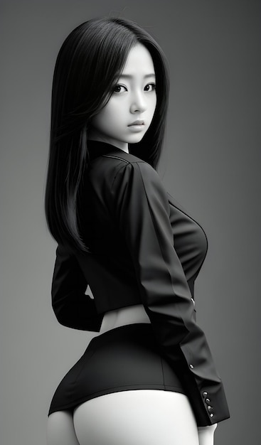 Красивая азиатка в черном костюме