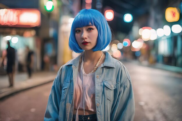 beautiful asian woman in blue jacket with red lips and short hair in a blue night