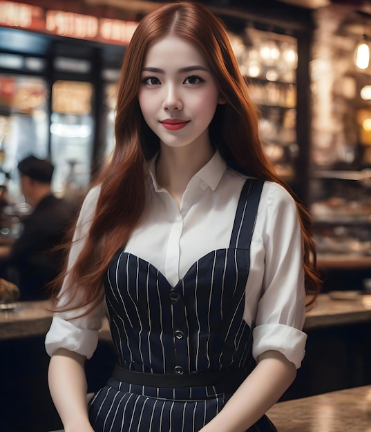 Beautiful asian woman in a cafe she is a waitress