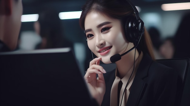 Beautiful Asian woman call center worker in the office working at the computer AI generated