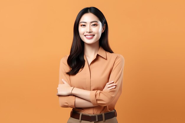 Beautiful asian woman in casual with smile cheerful Studio shot asian woman standing hand gesture