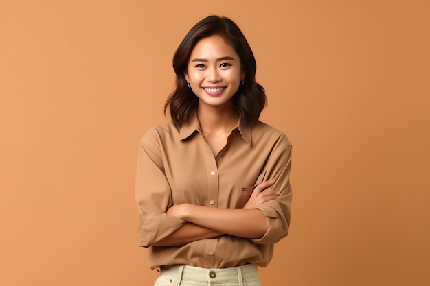 Beautiful asian woman in casual with smile cheerful Studio shot asian woman standing hand gesture