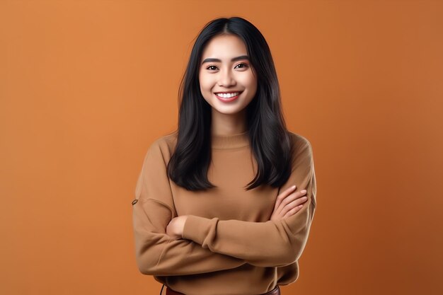 Beautiful asian woman in casual with smile cheerful studio shot asian woman standing hand gesture