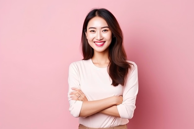 Beautiful asian woman in casual with smile cheerful Studio shot asian woman standing hand gesture