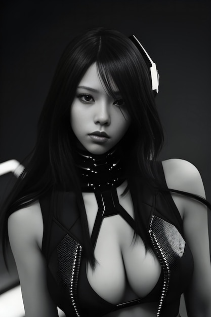 Beautiful asian woman in futuristic costume black and white photo