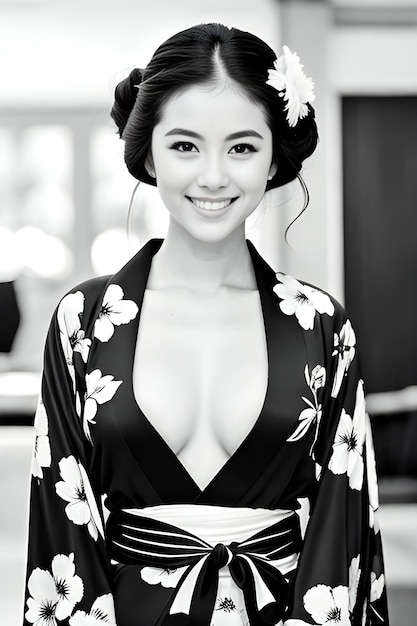 Фото beautiful asian woman in kimono black and white