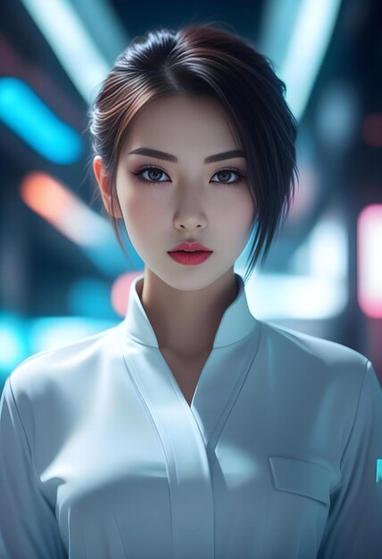 Фото Красивая азиатка в белом костюме.